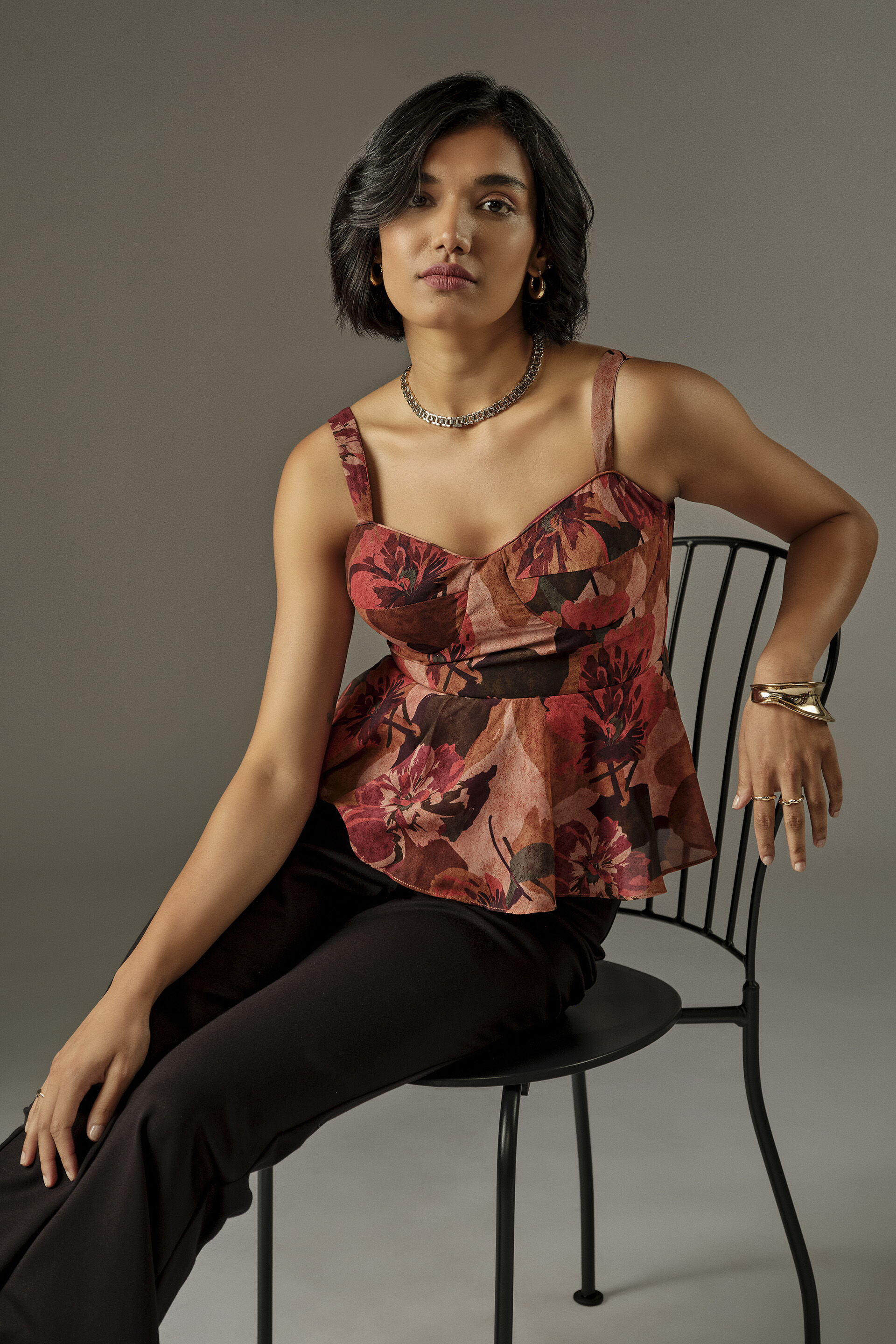 Fit & Flare Floral Print Top in Orange, Orange, image 4